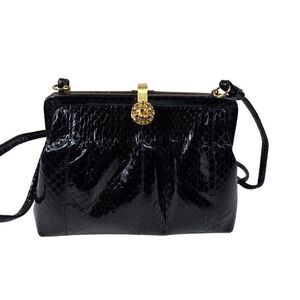 Vintage 60s Marlene Gaines Black Eel Leather Purse Gold Clasp Shoulder Strap